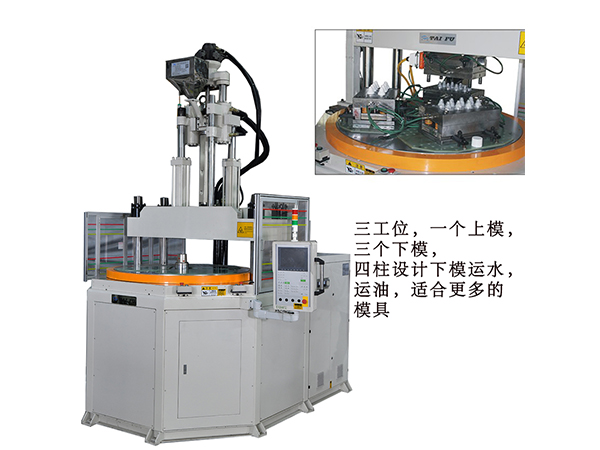介紹臺富四柱三站轉盤立式注塑機